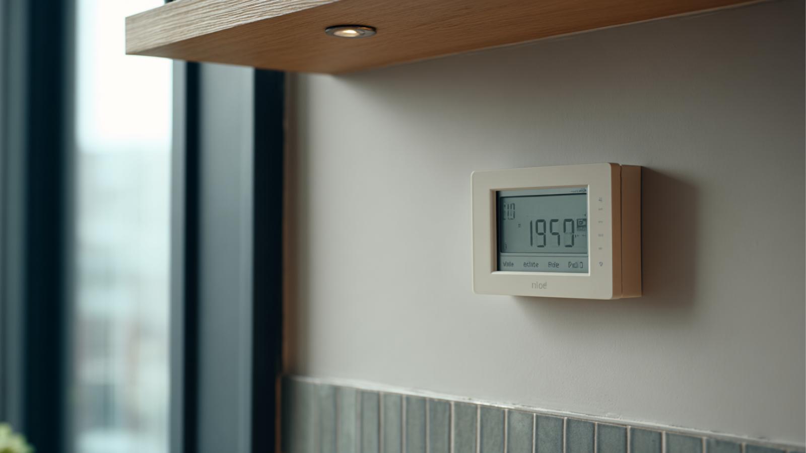A smart-meter in-home display showing a digital readout, mounted on a modern kitchen wall